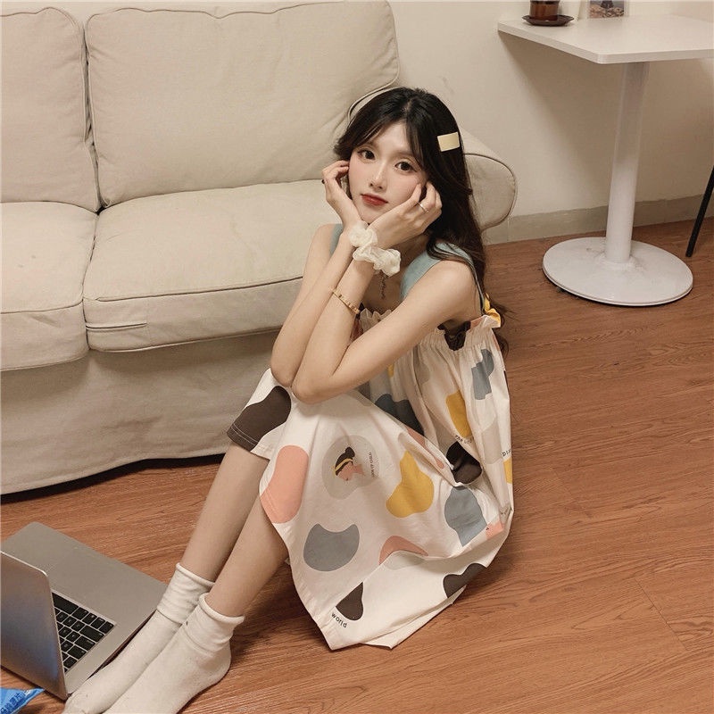 Bộ Đồ Ngủ Áo Hai Dây Phối Quần Short Dáng Rộng Cỡ Lớn Thời Trang Dễ Thương Cho Nữ