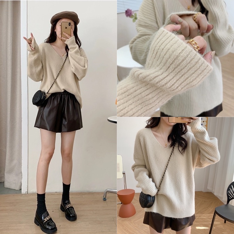 Áo Len Cổ Tim Dáng Oversize Chất Len Tăm Siêu Dày Phom Rộng Hàn Quốc | BigBuy360 - bigbuy360.vn