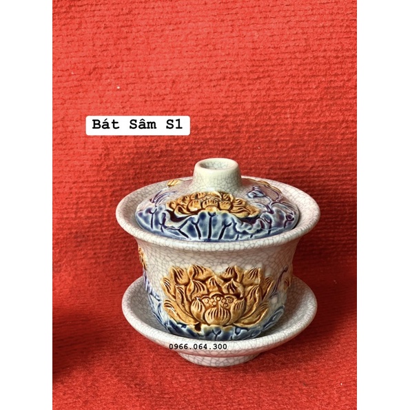 Bát Sâm Men Rạn Bát Tràng, Chén Nước Có Nắp Thờ Cúng Đắp Nổi Men Rạn