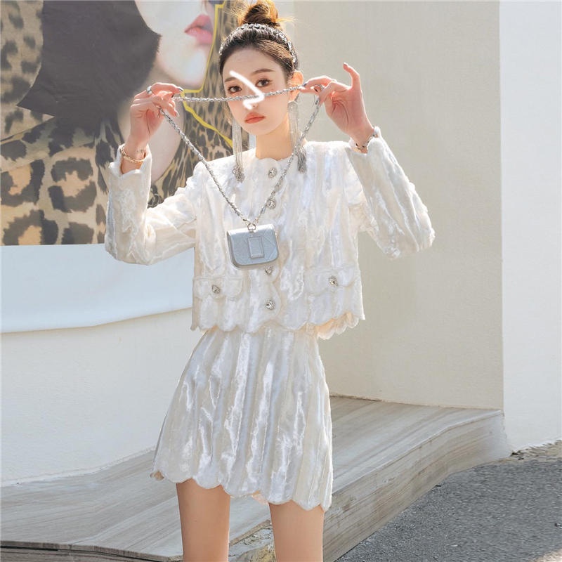 Set Đồ Sang Chảnh Áo Khoác Dạ Tweed Nữ Kèm Chân Váy Dạ Nhung Chữ A Lưng Cao Thu Đông Công Sở Dự Tiệc Hàn Quốc Chali