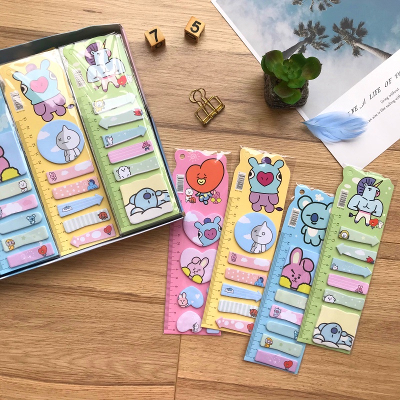 Giấy note kèm thước BT21 kèm thước dễ thương cute nhiều màu ghi chú, học từ vựng, check list