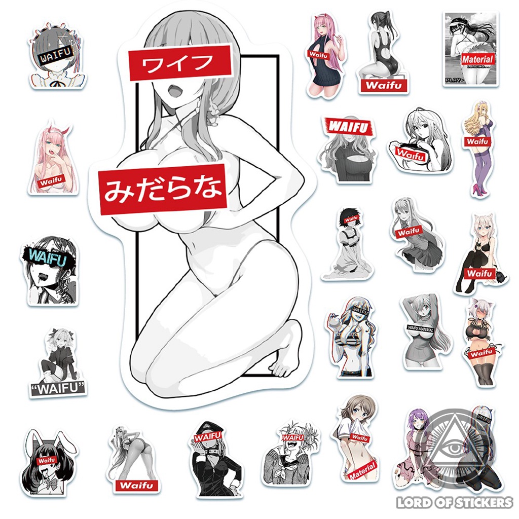 Set 50 Nhãn Dán Hình Cô Gái Anime Waifu Hentai Ecchi Sticker Miếng Dán Trang Trí Mũ Bảo Hiểm, Laptop, Ván Trượt, Guitar
