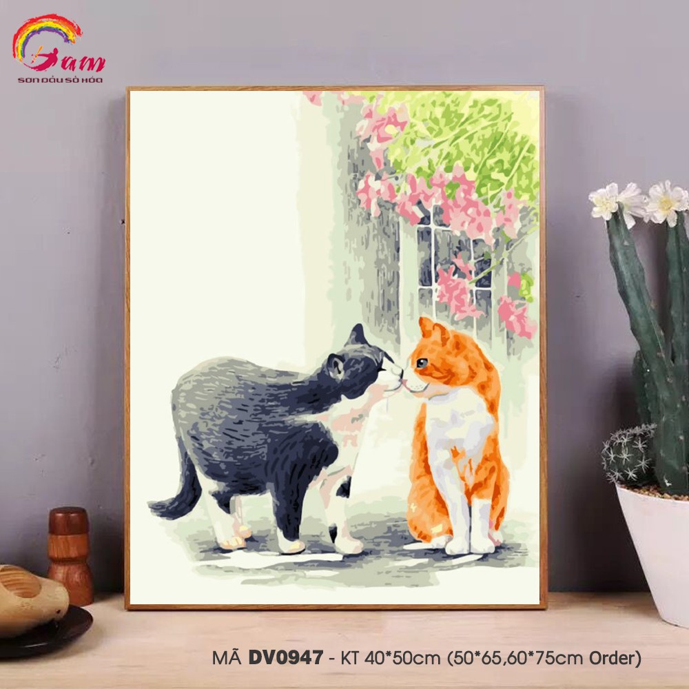 Tranh tô màu theo số sơn dầu số hóa Gam Tranh đôi mèo Mèo đen và mèo vàng DV0947