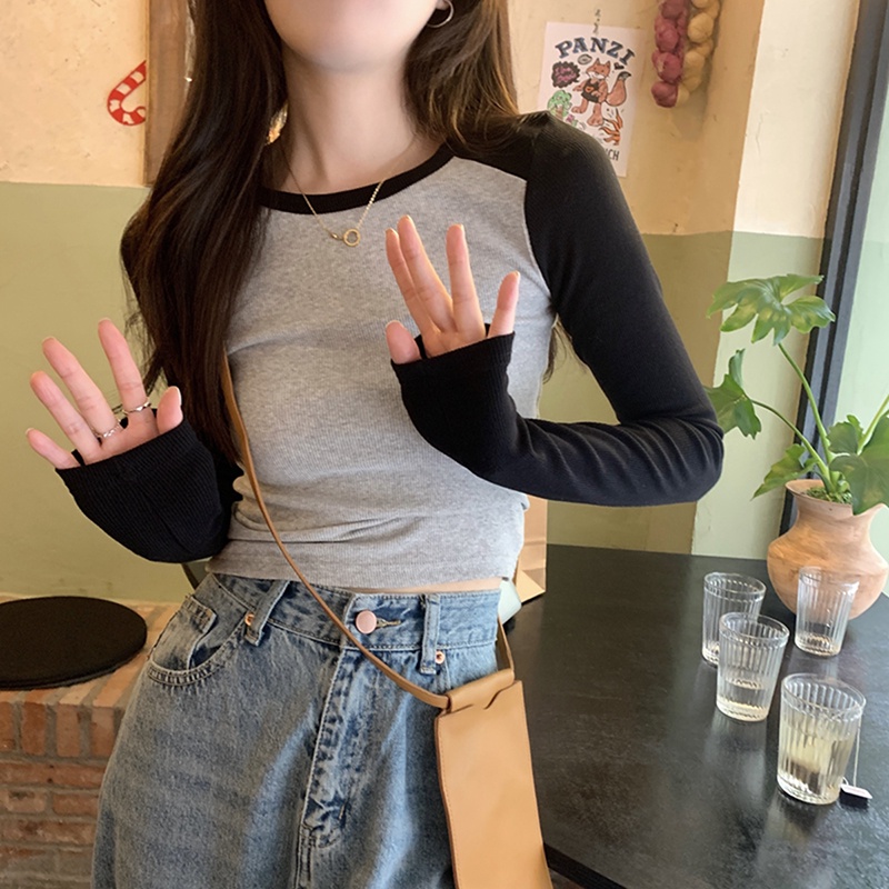 Áo Thun Croptop Tay Dài Màu Sắc Tương Phản Thời Trang Mùa Thu