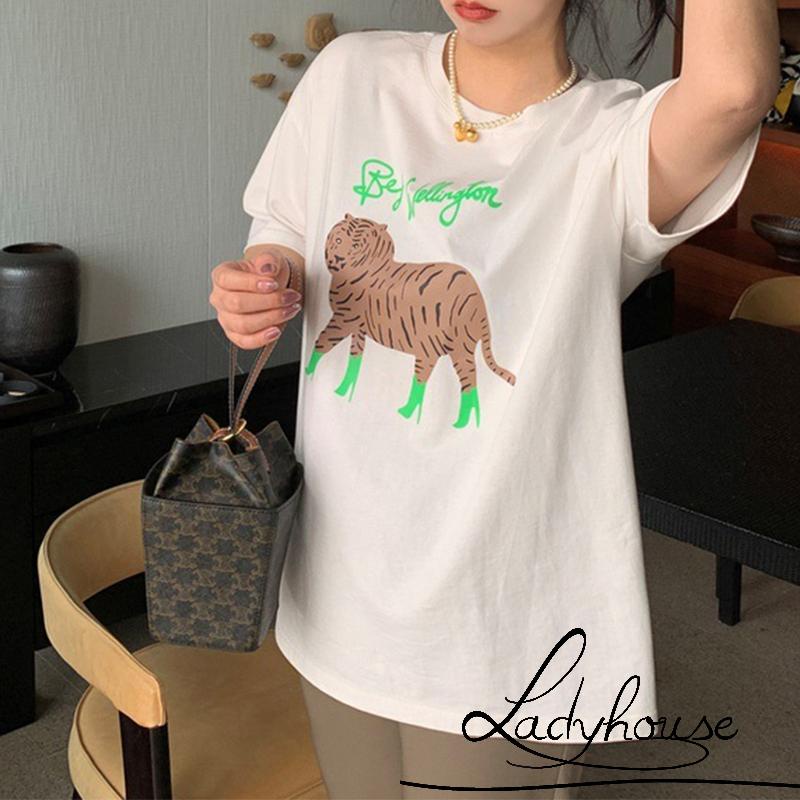 Áo Thun Tay Ngắn Cổ Tròn In Họa Tiết Hổ Và Chữ Thời Trang Cho Nữ
