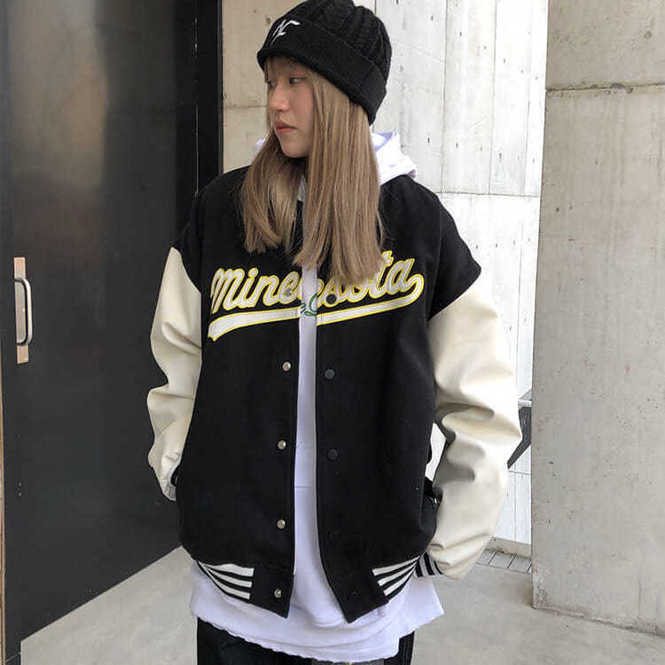 Áo Khoác Bóng Chày Phối Da Dáng Rộng Thêu Chữ Phong Cách Retro | BigBuy360 - bigbuy360.vn