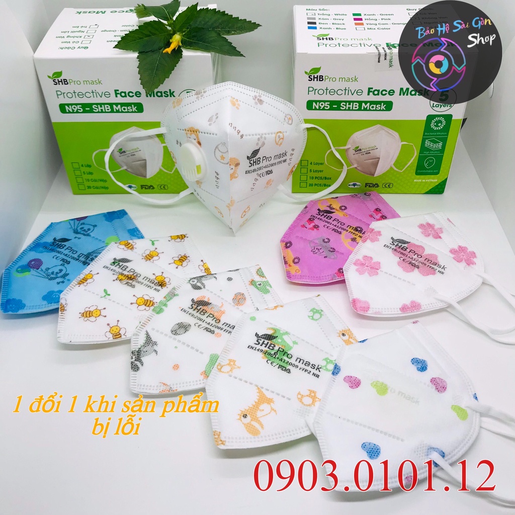 Khẩu trang n95 trẻ em có van thở SHB pro mask chính hãng hộp 10 cái, Kn95 em bé cao cấp chuẩn FFP2