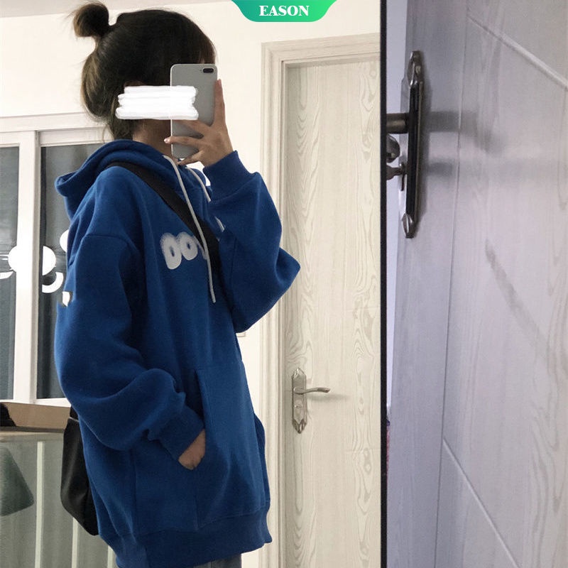 Áo Hoodie Dáng Rộng Đơn Giản Phong Cách Đường Phố Mỹ Mới Mùa Thu Kích Thước Lớn Màu Xanh Dương Cho Nữ
