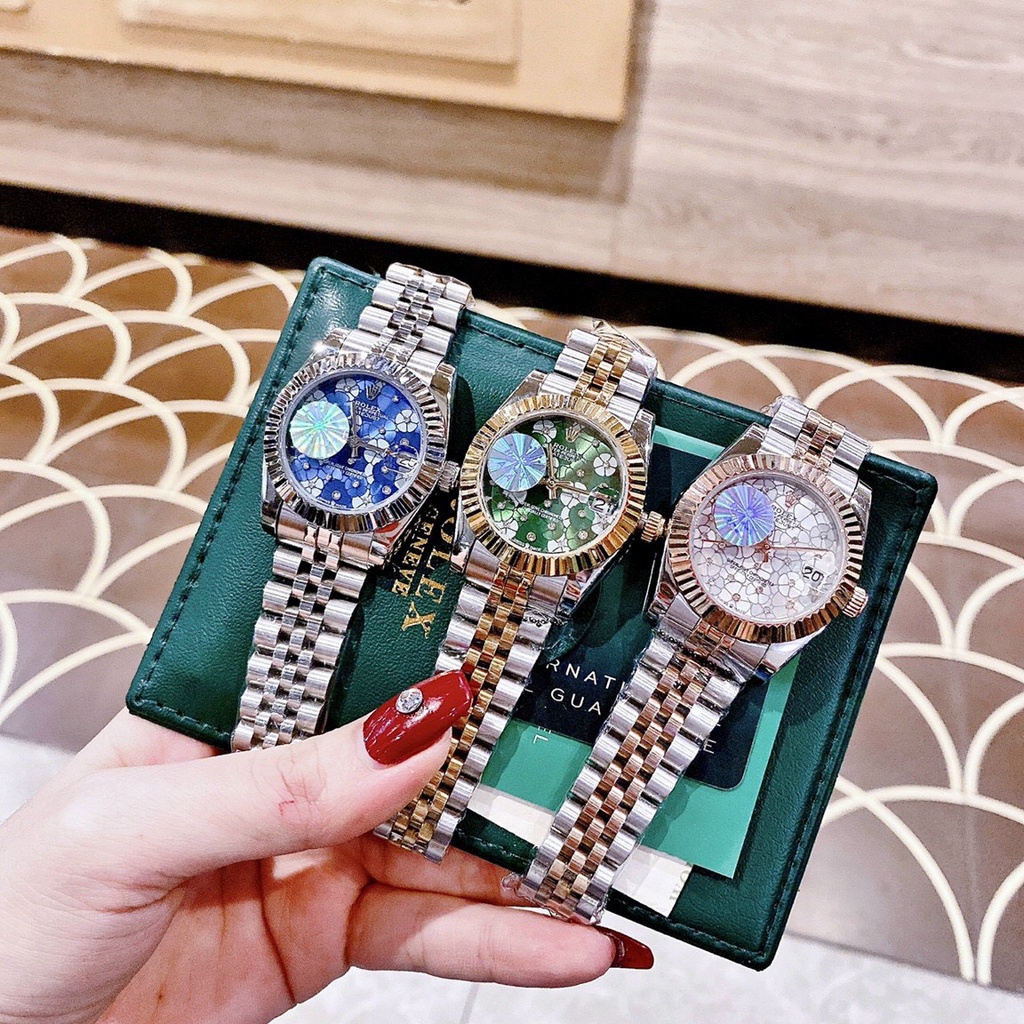 Đồng Hồ Nữ  rolex dây thép mặt hoa 3d , viền khía , size 32mm , máy pin