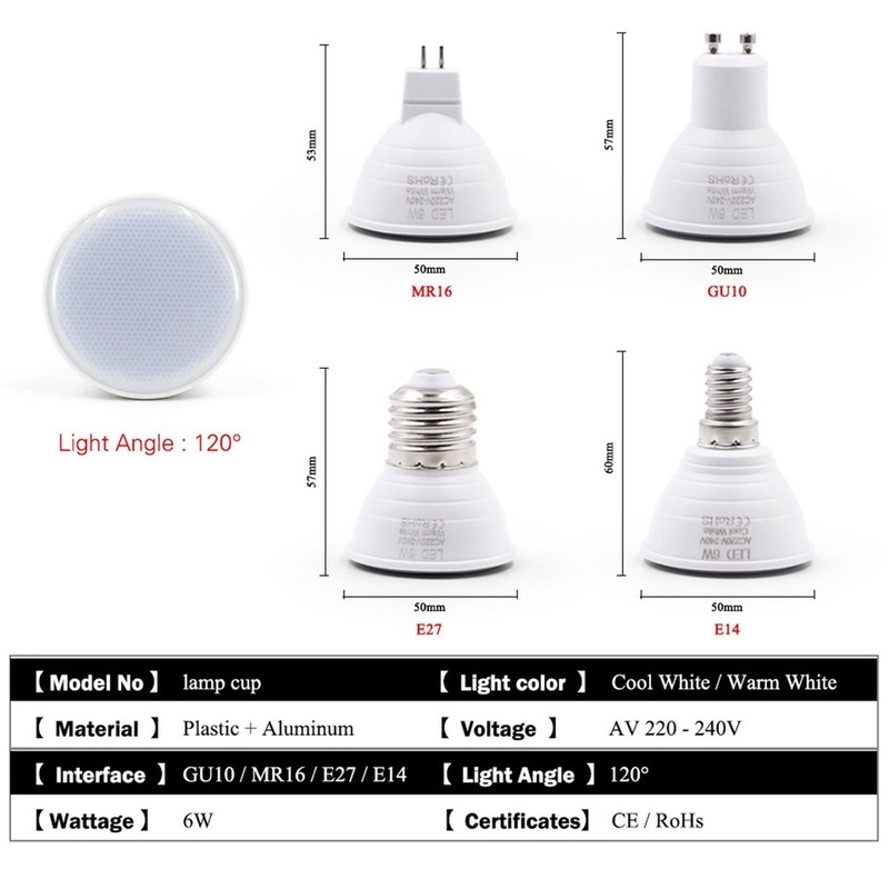 Bóng Đèn Led E14/E27 MR16 SMD 2835 6W 220V COB Chất Lượng Cao