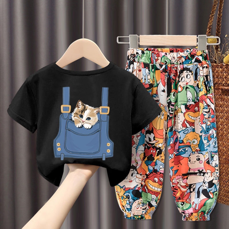 Bộ Áo Thun Cotton Ngắn Tay In Hoạt Hình + Quần Bó Thời Trang Mùa Hè Cho Bé