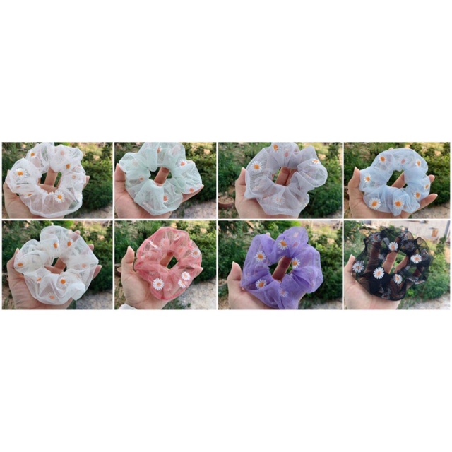 Scrunchies hoa cúc, scrunchies cúc thêu, buộc tóc hoa cúc
