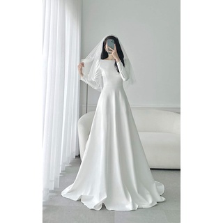  váy cưới đi bàn cô dâu xoè tay dài đính cúc vải sang trọng kín đáo 