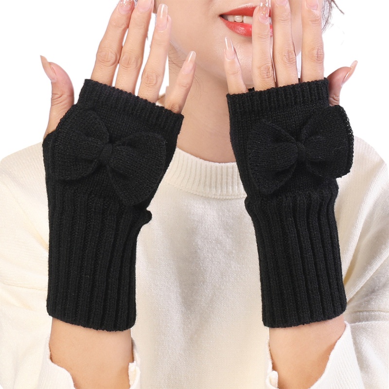 Găng Tay Len Hở Ngón Màu Trơn Đính Nơ Dễ Thương Cho Nữ