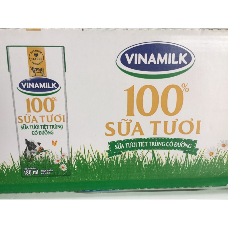 sữa tươi vinamilk 100 phần trăm 180ml( km 2 hộp sữa đậu nành canxi vinamilk 200ml)