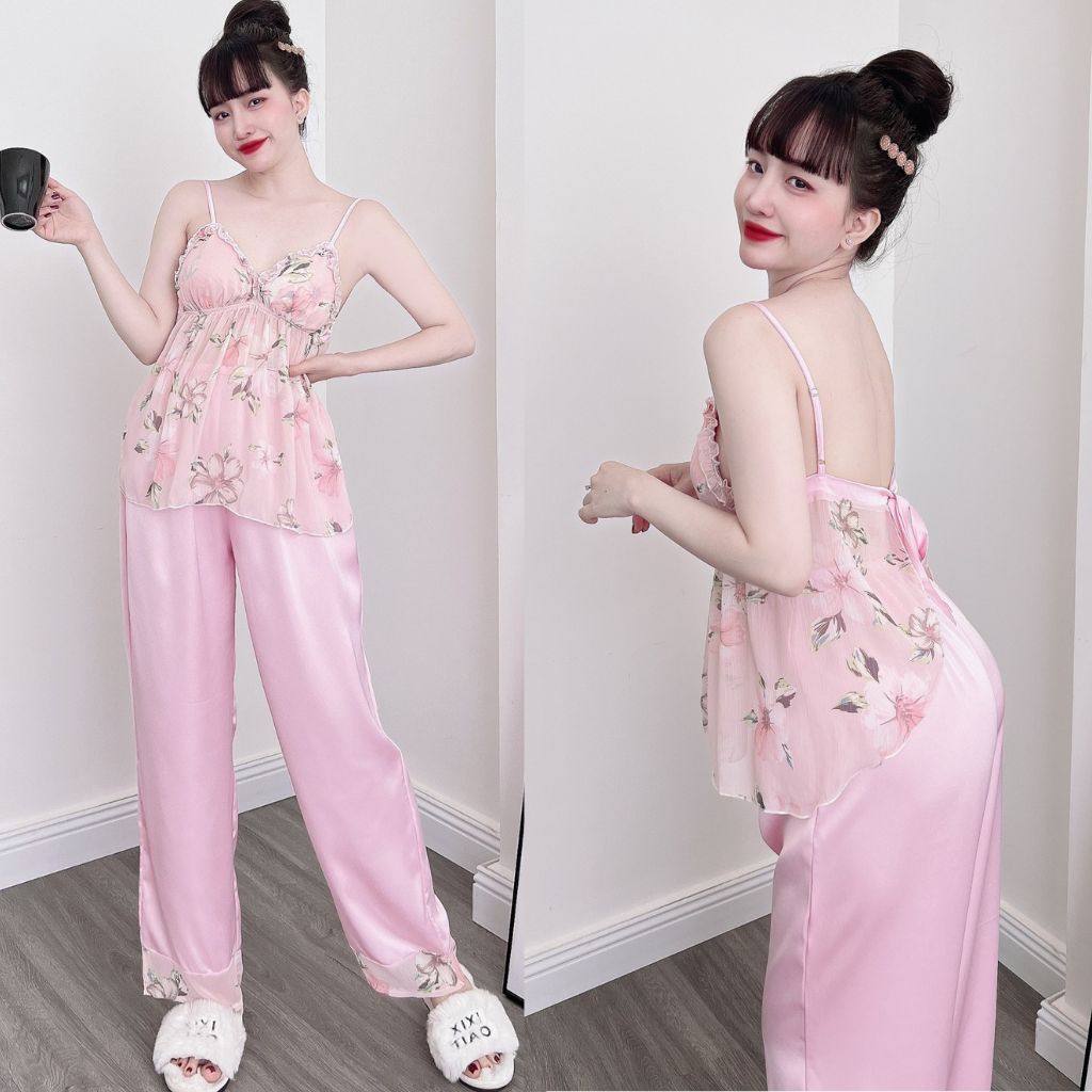 Đồ ngủ nữ mút ngực MIKY, Đồ ngủ sexy lụa Chiffon phối Satin cao cấp mềm mại xinh xắn &lt; 63KG