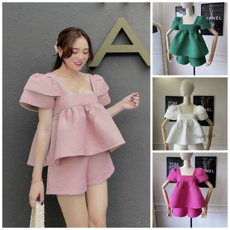 Set babydoll xốp tổ ông kèm quần short tiểu thư