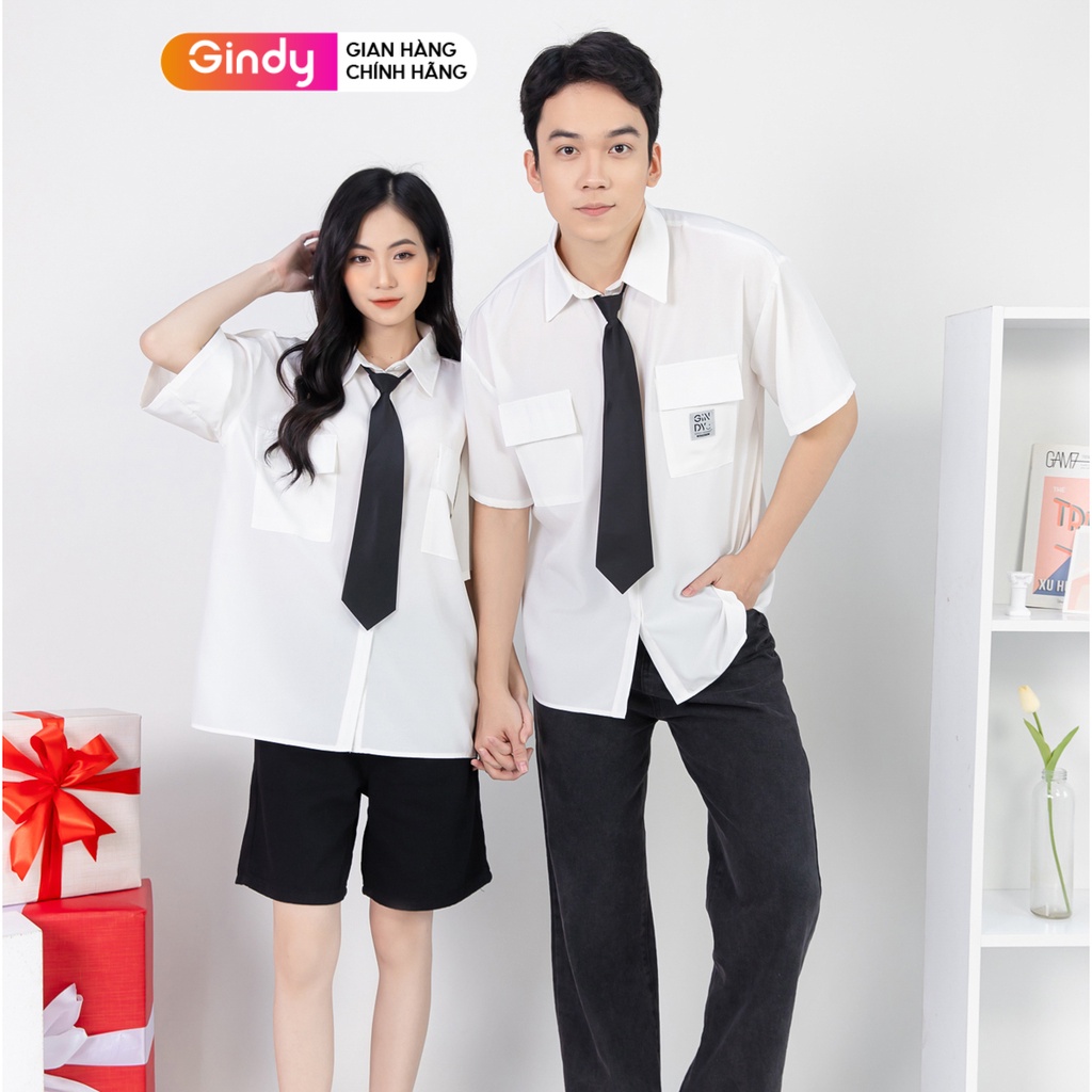 Áo sơ mi tay ngắn nam nữ phong cách GINDY unisex sơmi trắng phối cà vạt form rộng vải Kate mịn mát A11122