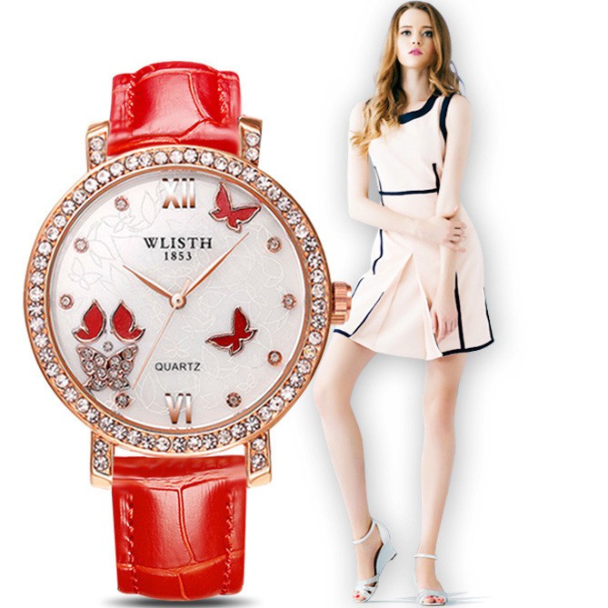 Đồng hồ nữ WLISTH W608 mặt đính đá sang trọng dây da 4 màu thời trang