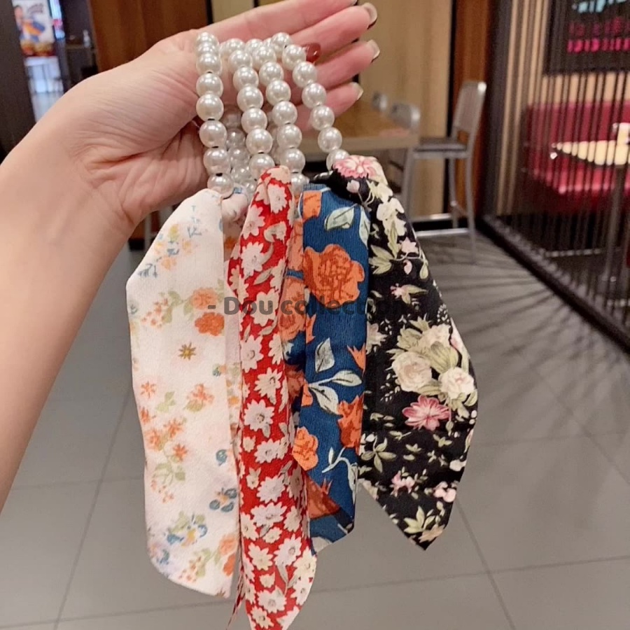 Cột Tóc Turban Chuỗi Phối Nơ Ruy Băng Họa Tiết Hoa Nhí Phong Cách Hàn Quốc - Mã DT006