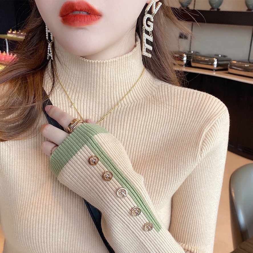 SUXI Áo len cổ cao màu sắc đơn giản cho nữ