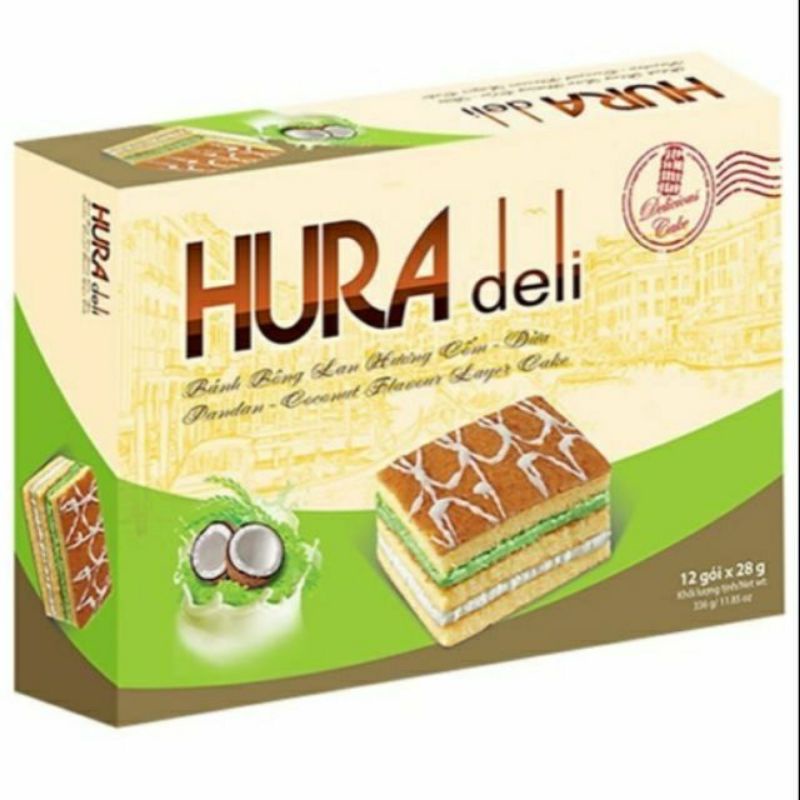 Bánh bông lan Hura Deli 336gr hương Sữa Dâu, Bơ Sữa, So Dừa, Cốm Dừa