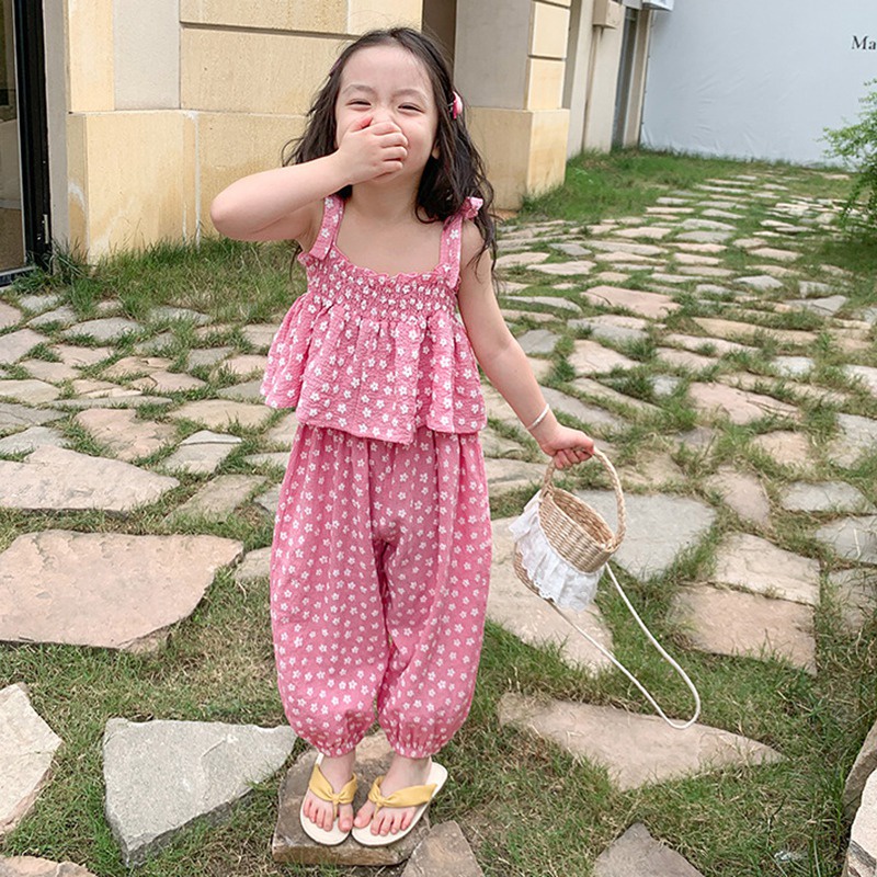 Se7en Bộ Áo Hai Dây In Hoa + Quần Dài Chống Muỗi Mùa Hè Cho Bé Gái