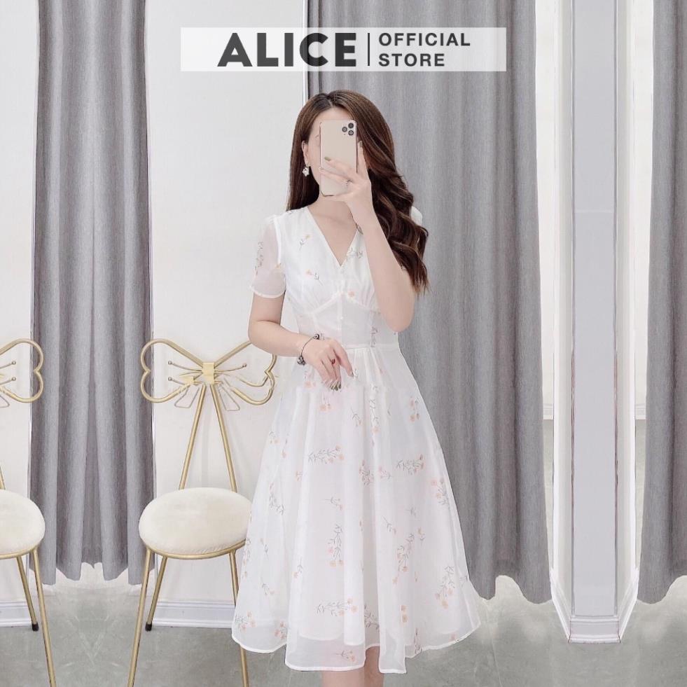 VIP Váy Thiết Kế Trắng Cổ V ALICE Dáng Xòe 2 Lớp Họa Tiết Hoa Nhí Chiết Eo Tôn Dáng V520