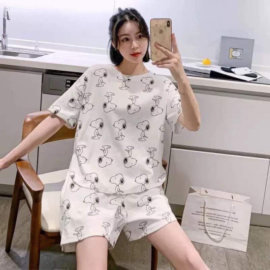 Đồ Bộ Nữ ❤️FREESHIP❤️ Bộ Ngủ Nữ Cotton Thun Cộc Tay Pijama Phối Hoạ Tiết Đáng Yêu mã QA001