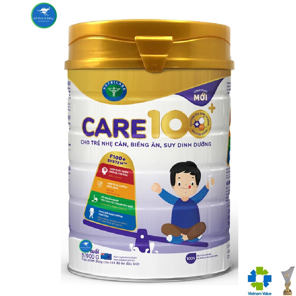 Sữa bột Nutricare Care 100+ mới cho trẻ nhẹ cân biếng ăn suy dinh dưỡng (900g)