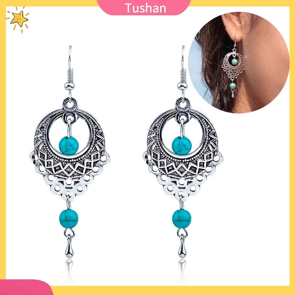 Khuyên tai dáng dài đính đá ngọc lam phong cách Boho