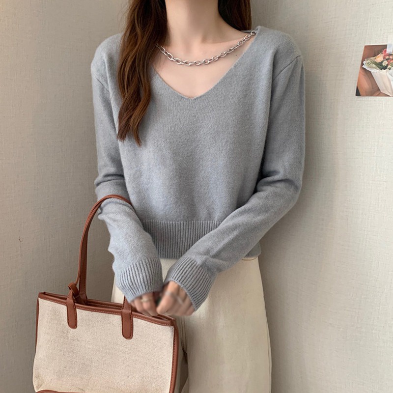 Áo sweater nữ tay dài cổ V dáng ôm vừa vặn phối chuỗi xích thời trang xuân thu