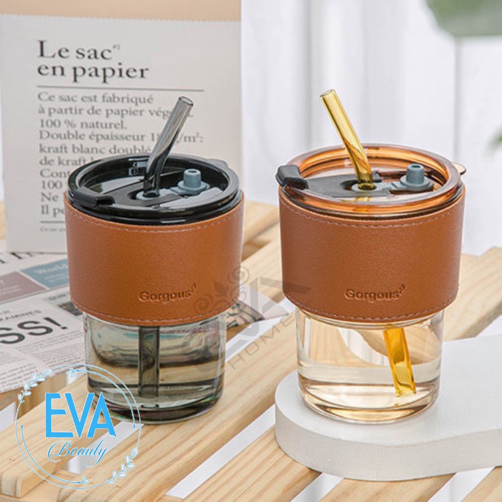 Set 2 Cốc Thuỷ Tinh Màu Hồ Phách Và Xám Khối Bọc Da Chịu Nhiệt Gorgous Có Nắp Đậy Kín Và Ống Hút Cao Cấp SP4729