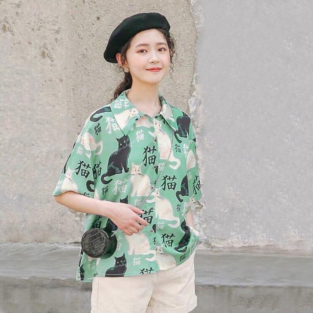 Áo sơ mi nữ in 3D cổ bẻ tay ngắn - lỡ dáng ulzzang freesize form rộng unisex mặc cặp, nhóm, in HÌNH MÈO | BigBuy360 - bigbuy360.vn
