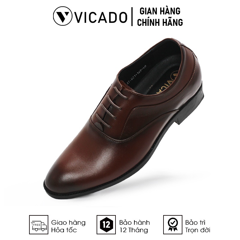 Dây Giày tăng chiều cao nam da bò cao cấp công sở Oxford Vicado VB0115 màu nâu buộc dây