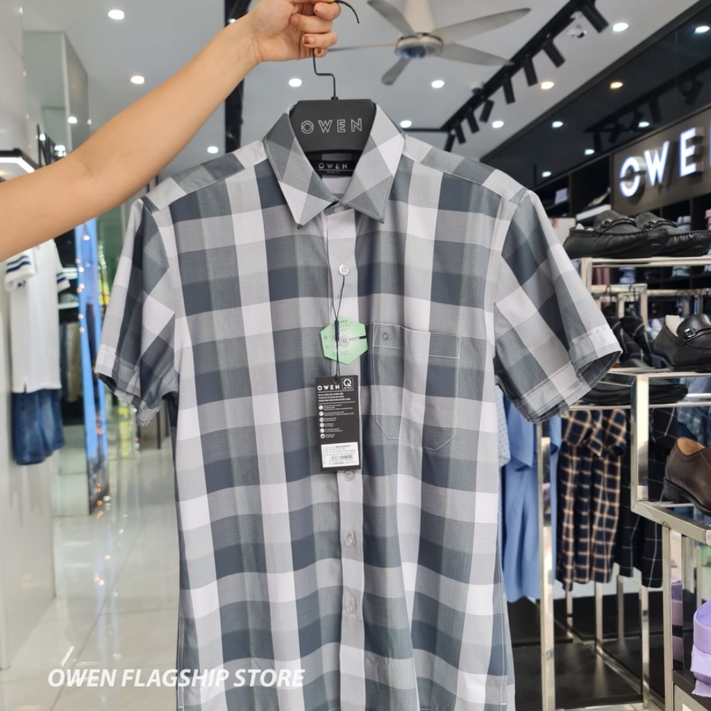 Áo sơ mi nam ngắn tay OWEN BA220409NT somi công sở vải bạc hà cao cấp màu xanh bạc hà kẻ ô dáng suông tà bằng có túi