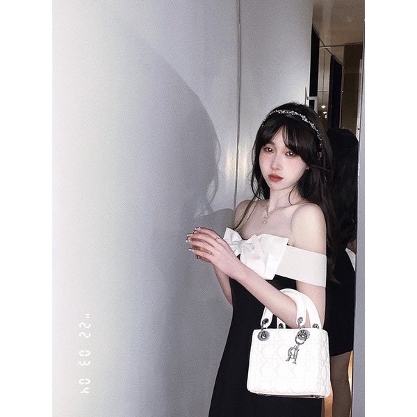 Đầm váy nữ trễ vai phối nơ đen trắng tiểu thư sang chảnh hot ulzzang