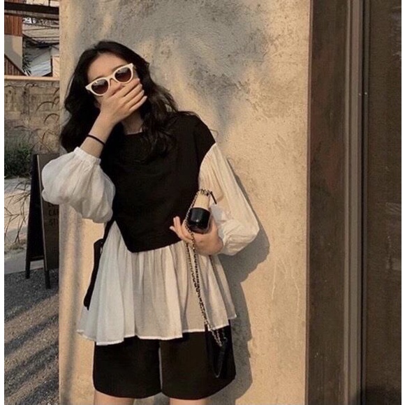 Áo babydoll phong cách hàn quốc, áo kiểu phối trắng đen tôn dáng cho các nàng nữ tính