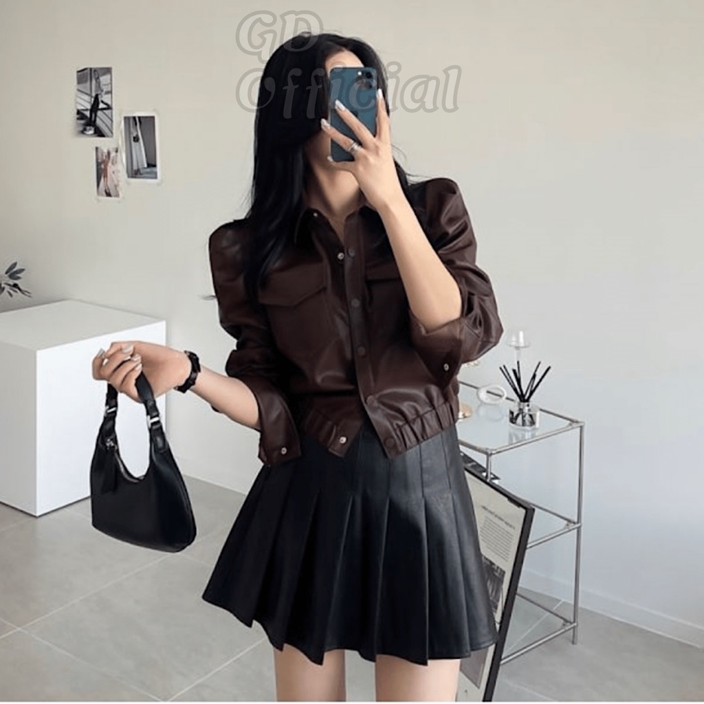 K104|Áo khoác da PU cá tính dáng ngắn croptop trẻ trung cho nữ màu đen, nâu GD Official