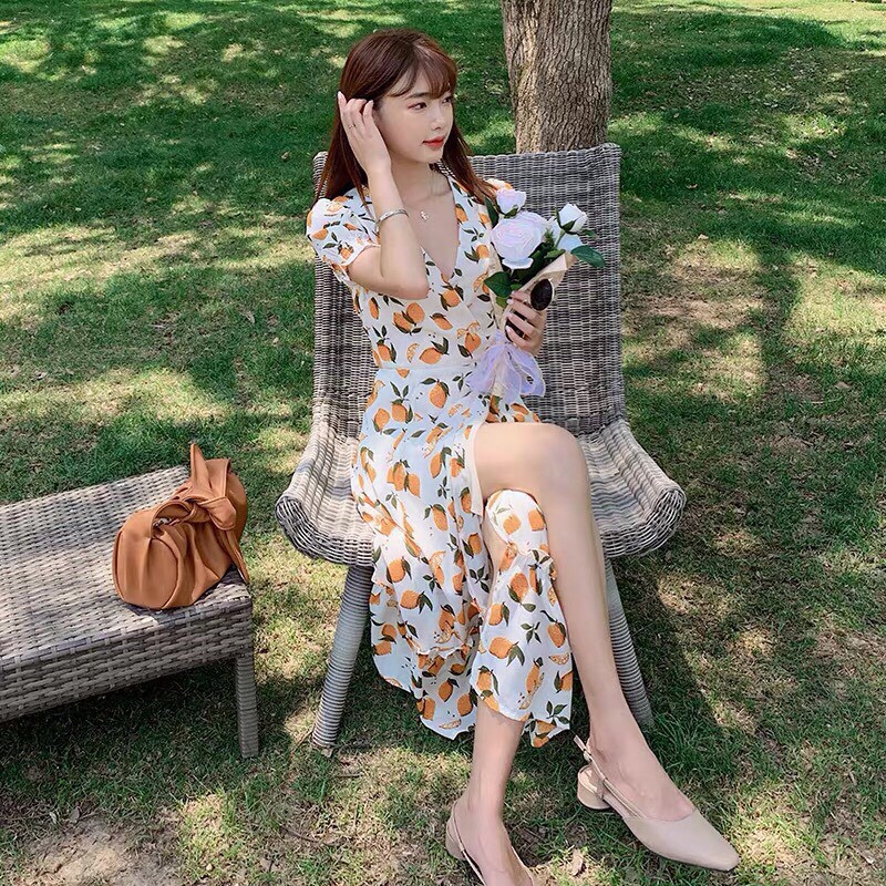 [Anh thật/video] Đầm maxi quả chanh xinh xắn Váy quả chanh mùa hè cổ V | BigBuy360 - bigbuy360.vn