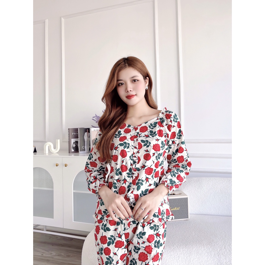 Bộ đồ mặc nhà thu đông thương hiệu Sweeten Your Life S chất liệu cotton họa tiết hoa lá STD2112