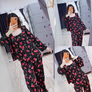Đồ bộ ngủ nữ pizama tay dài quần dài cổ vuông hoạ tiết dâu