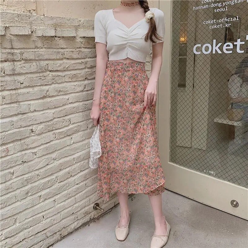 Cổ chữ V ngắn tay màu đặc biệt mùa hè thời trang mới áo sơ mi đan đáy + váy voan hoa cạp cao giữa phụ nữ