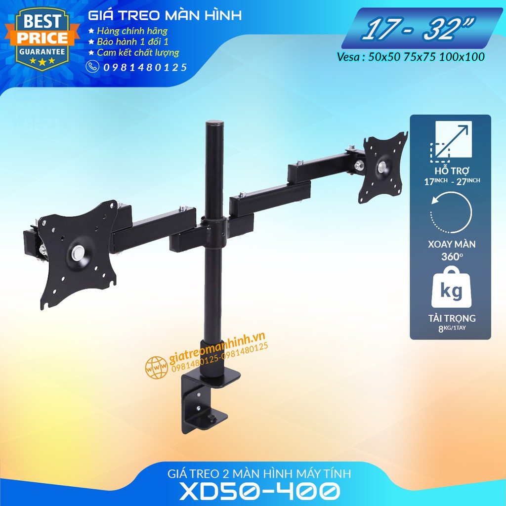 Giá Treo Màn Hình 17-32Inch  - Giá Treo 2 Màn Hình Trụ 40-60Cm - Tải Trong 8Kg - Xoay Màn 360 Độ