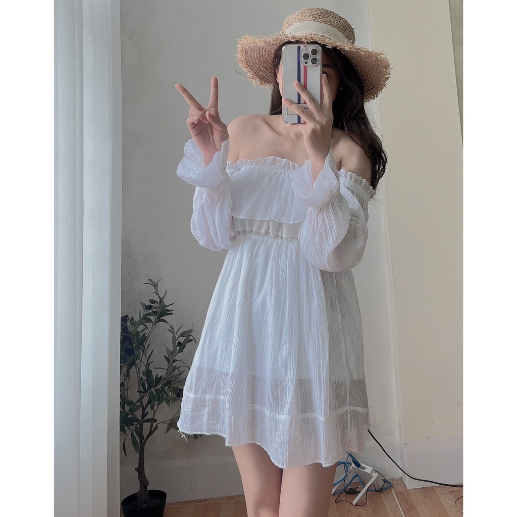 Áo váy babydoll trắng bánh bèo JULYF - Đầm mini trễ vai tay dài bồng bánh bèo tiểu thư, học sinh hàn quốc ulzzang
