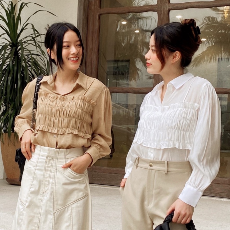 Áo sơ mi tay dài thời trang nữ mocking mix phần thân thời trang GAGO màu cà phê sữa GA3875