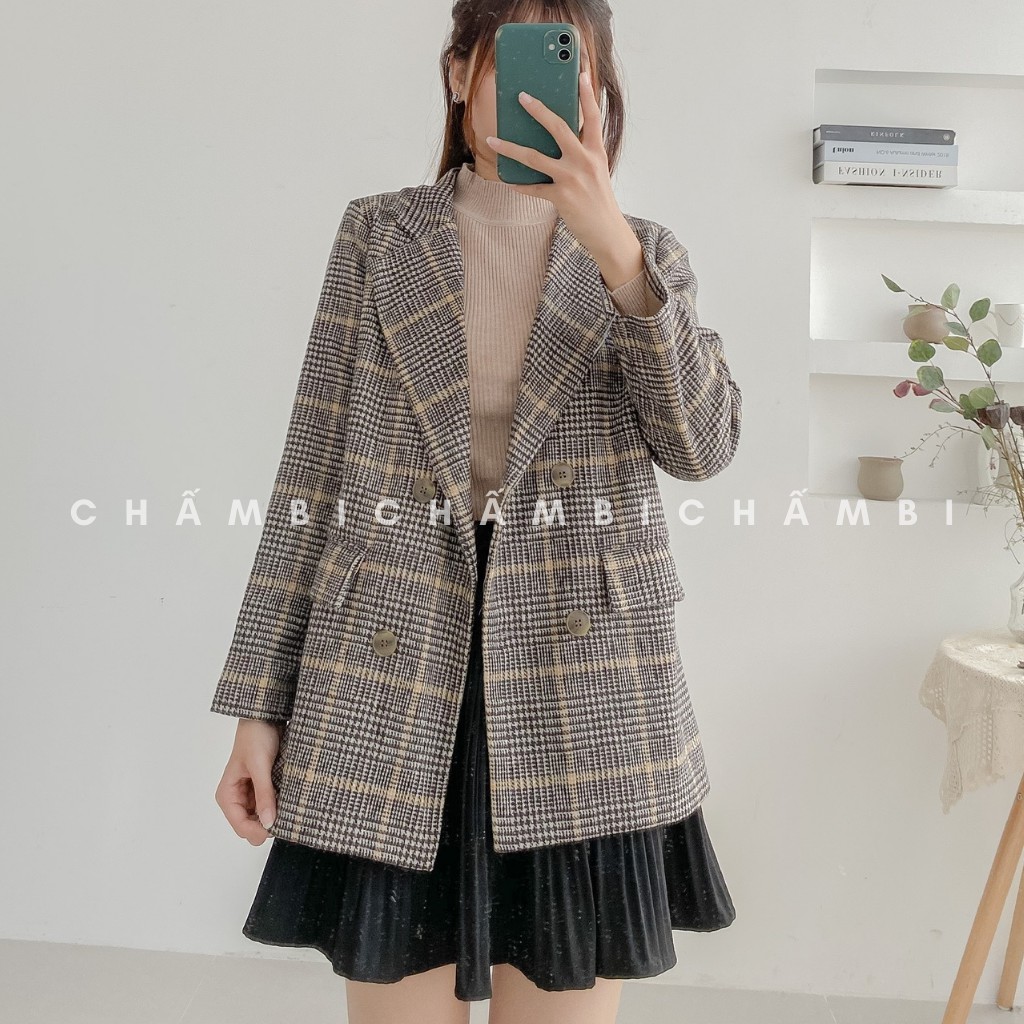 Áo Khoác Blazer Nữ Kẻ Caro Vải Dạ 2 Lớp Freesize&lt;56kg - A.098