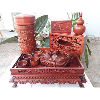 Bộ Khay Trà Gỗ Hương [ TRỌN BỘ 5 MÓN] Trạm Khắc Đầu Rồng Tinh Xảo - Nghệ Nhân Việt - Giàu Tính Truyền Thống