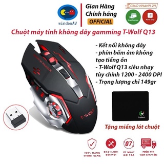 Chuột máy tính không dây gamming T-Wolf Q13 siêu nhạy tùy chỉnh 1200 - 2400 DPI, tặng miếng lót chuột - BH 12 tháng