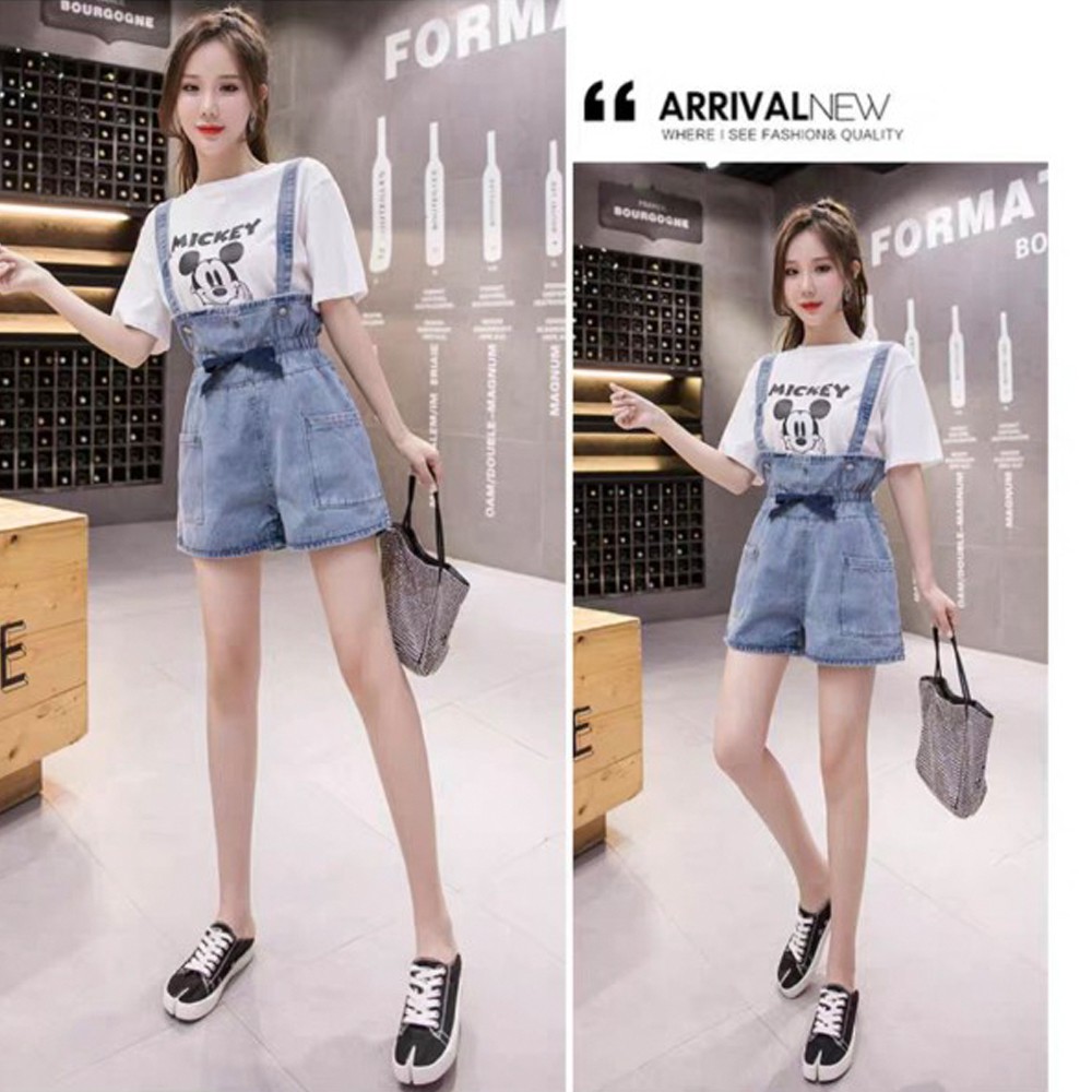 Quần shorts yếm jean SAIGONJEAN eo thun gắn nơ YJ017 - yếm bò ulzzang phong cách hàn quốc | BigBuy360 - bigbuy360.vn